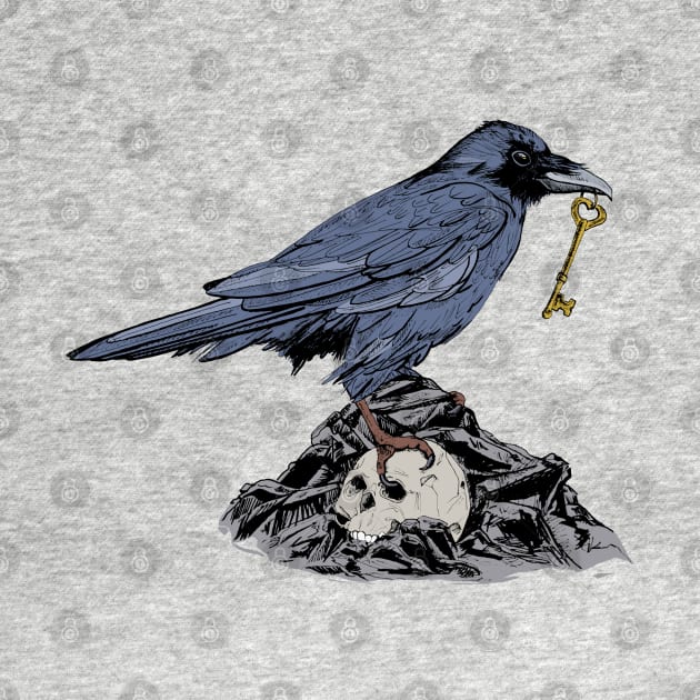 Raven with Golden Key on Rocks and Skull by NaturalDesign